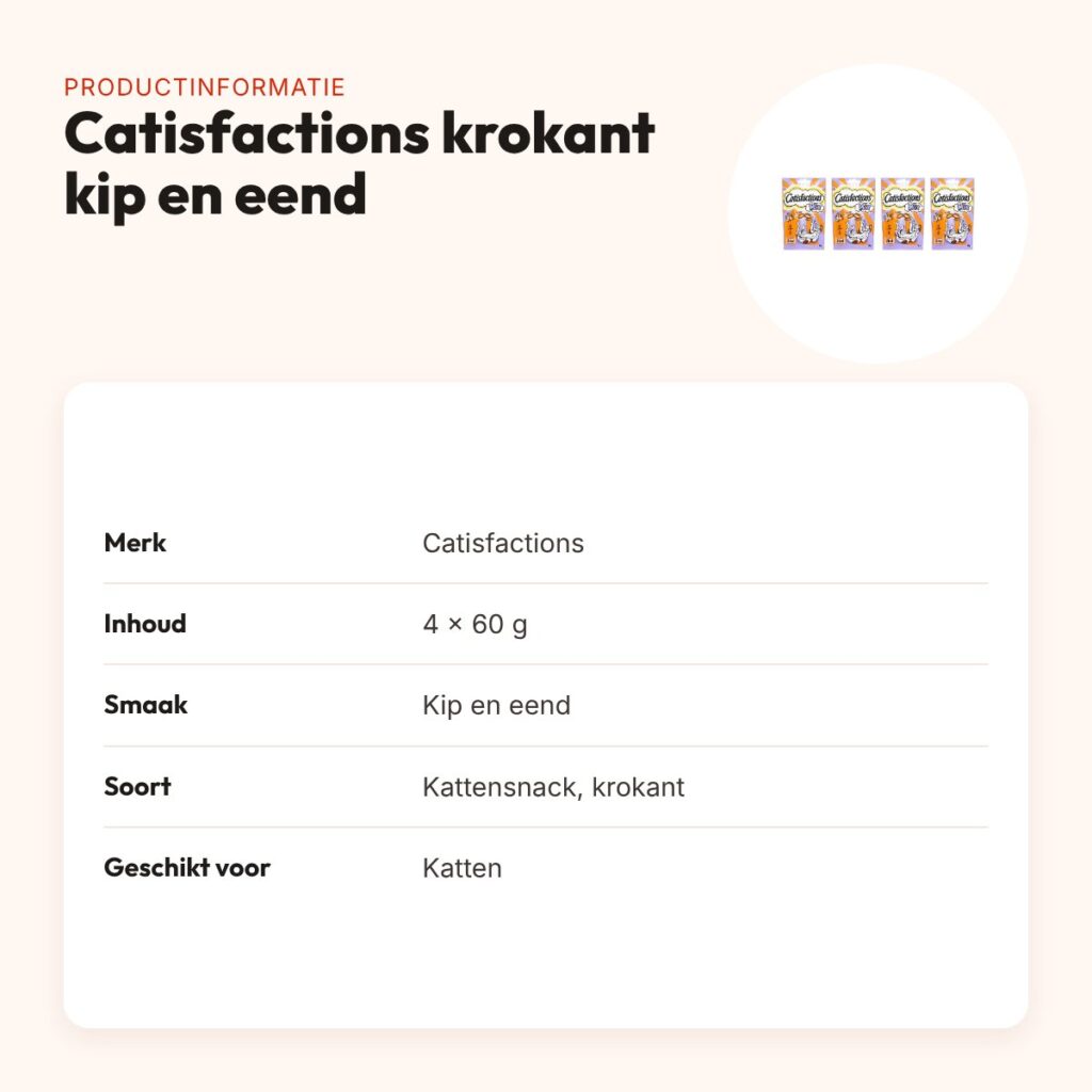 Catisfactions kattensnack kip en eend 60 g – multipack 4 stuks – productinformatie