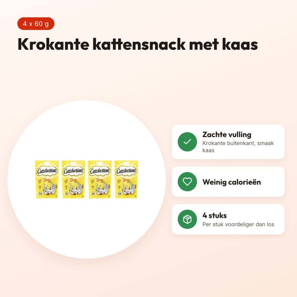 Catisfactions kattensnack krokant met kaas 60 g – multipack 4 stuks – voordelen