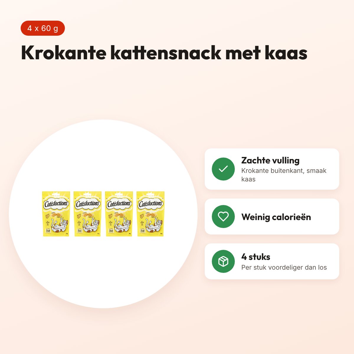 Catisfactions kattensnack krokant met kaas 60 g – multipack 4 stuks – voordelen