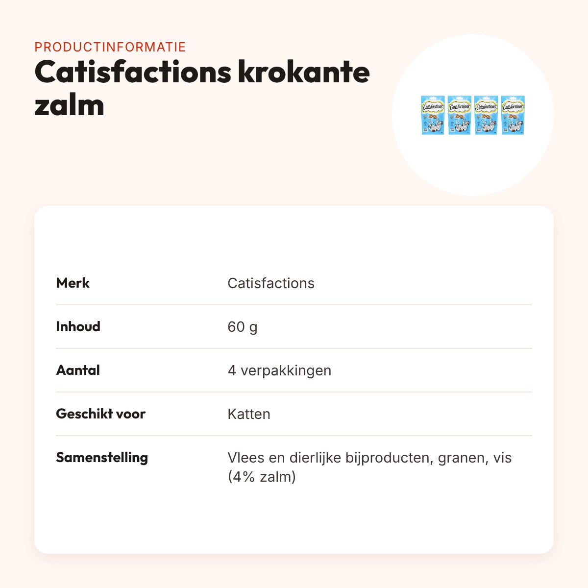 Catisfactions kattensnack krokante zalm 60 g – multipack 4 stuks – productinformatie