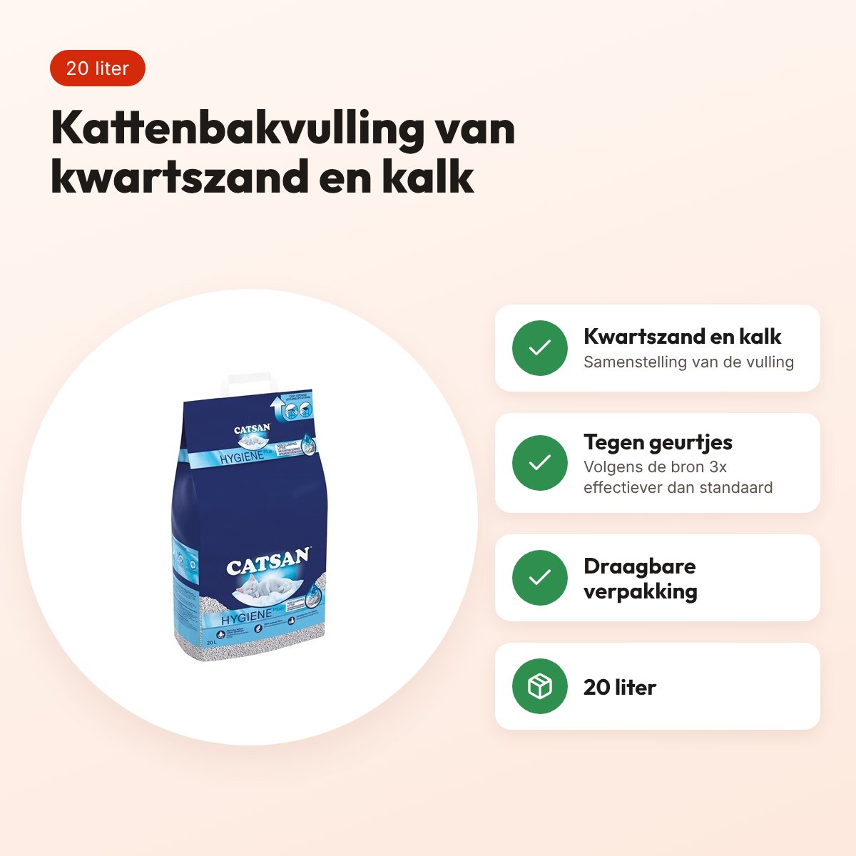 Catsan Hygiëne Plus kattenbakvulling kwartszand en kalk 20 liter – voordelen