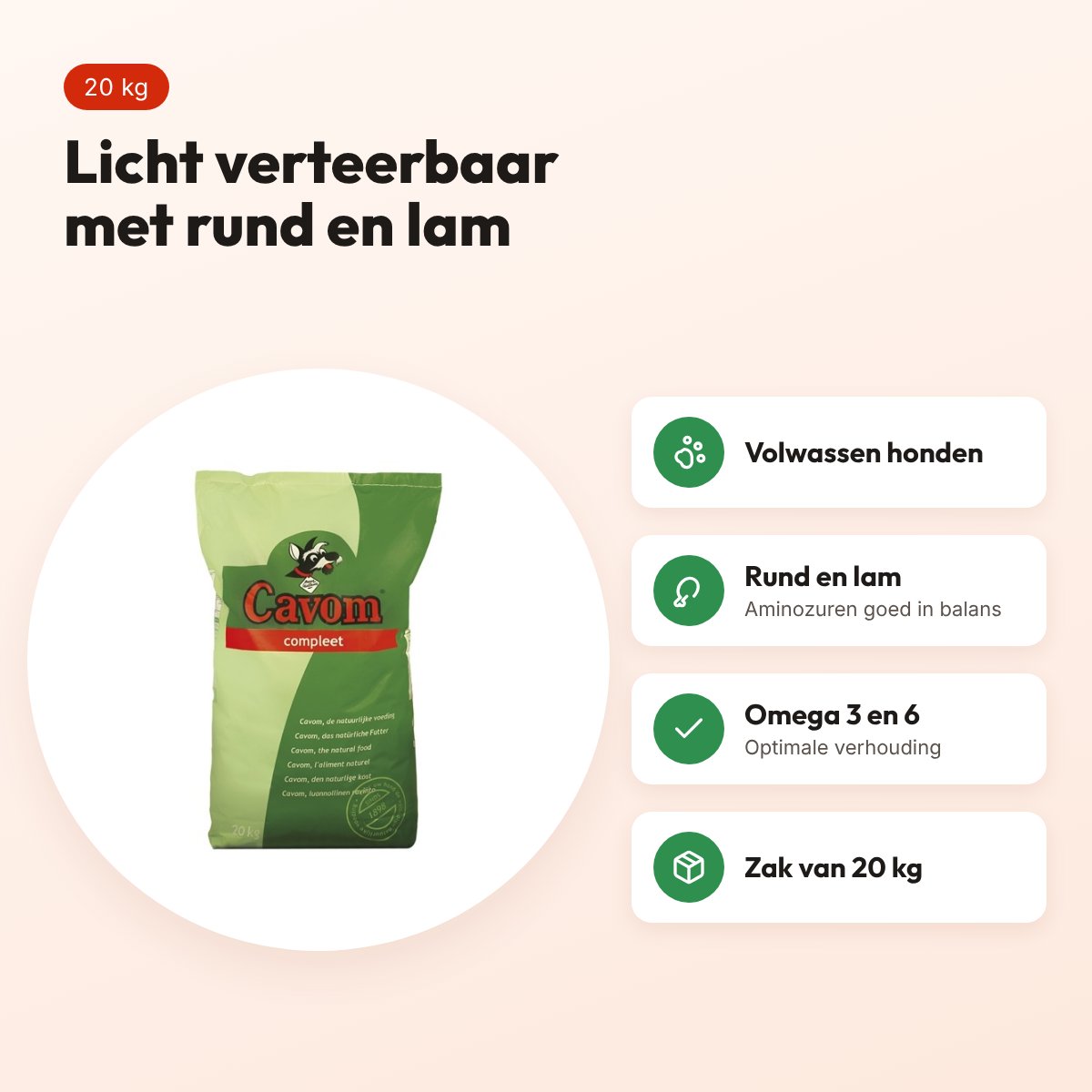 Cavom Compleet hondenvoer volwassen 20 kg – licht verteerbaar, rund en lam – voordelen