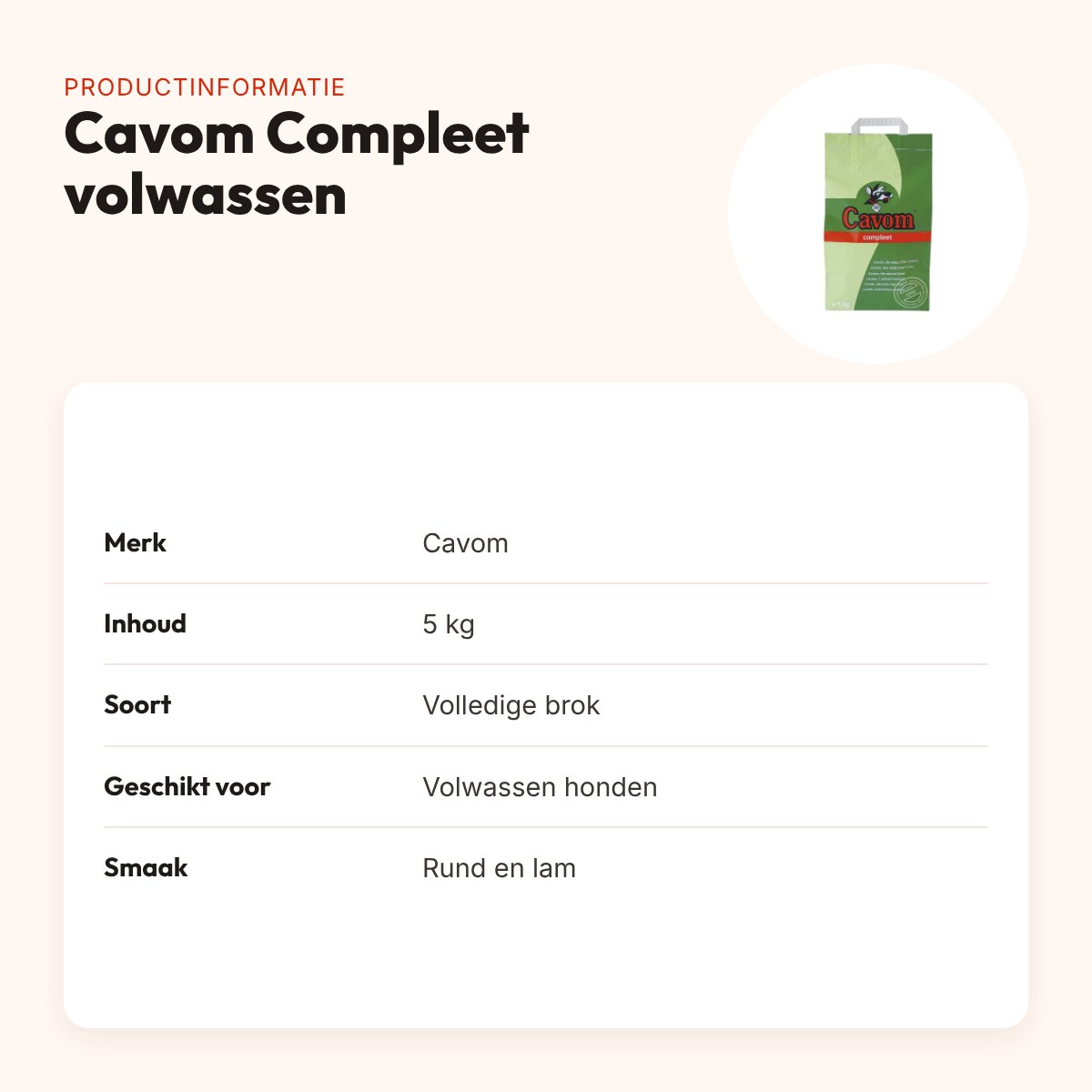 Cavom Compleet hondenvoer volwassen 5 kg – licht verteerbaar, rund en lam – productinformatie