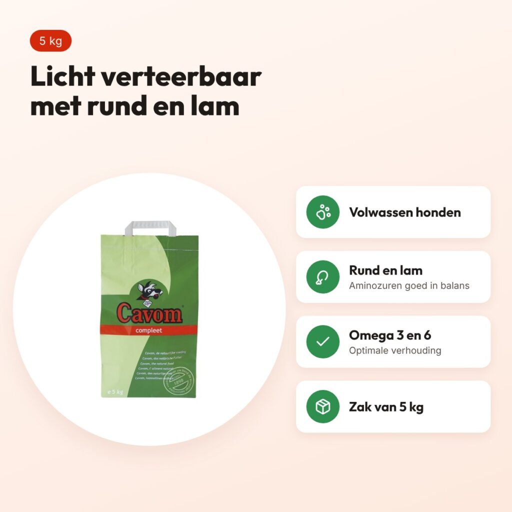 Cavom Compleet hondenvoer volwassen 5 kg – licht verteerbaar, rund en lam – voordelen