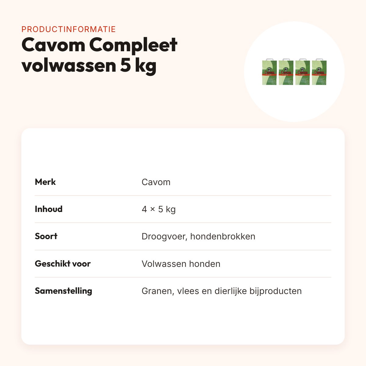 Cavom Compleet hondenvoer volwassen honden 5 kg – multipack 4 stuks – productinformatie