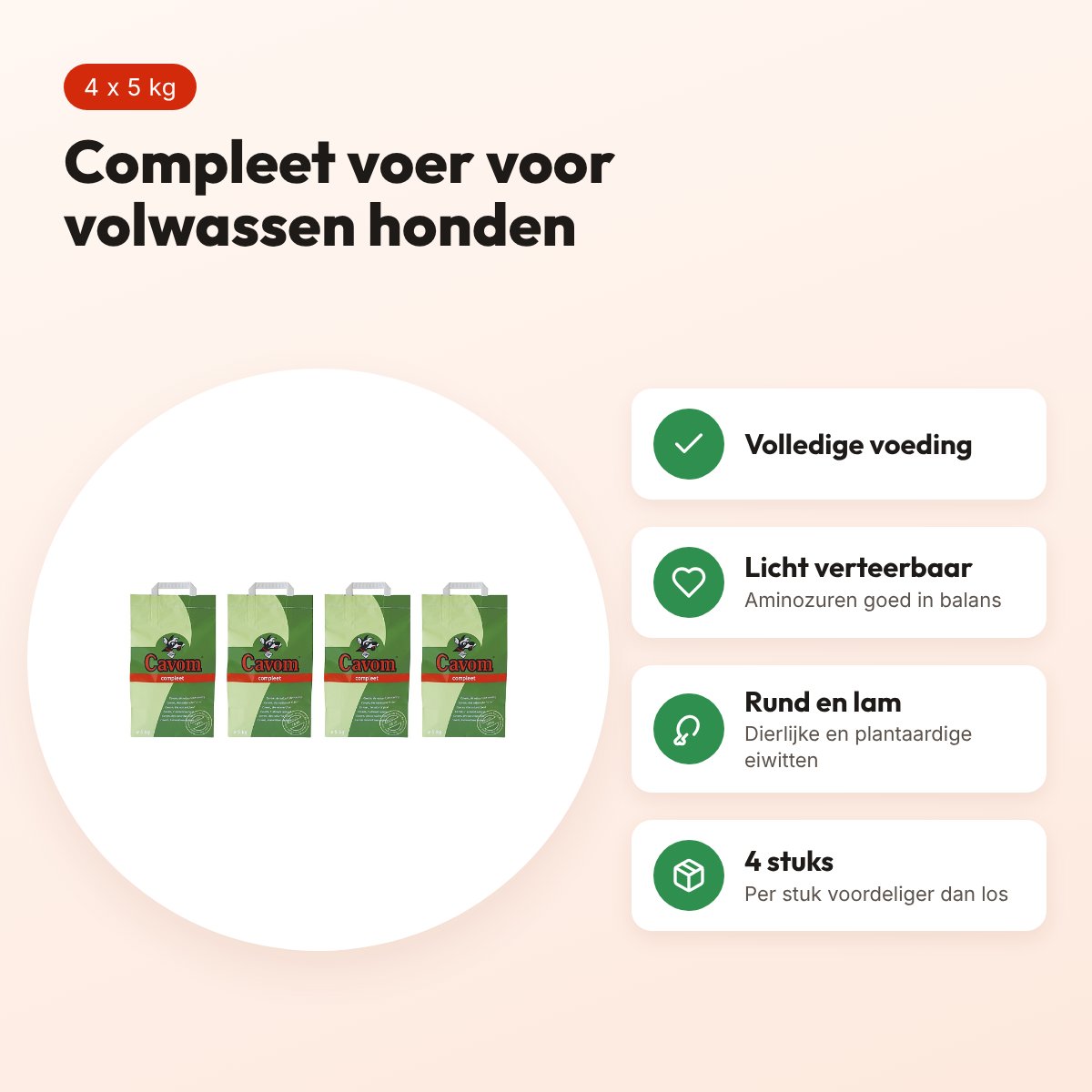 Cavom Compleet hondenvoer volwassen honden 5 kg – multipack 4 stuks – voordelen