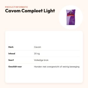 Cavom Compleet Light hondenvoer 20 kg – verlaagd vetgehalte – productinformatie