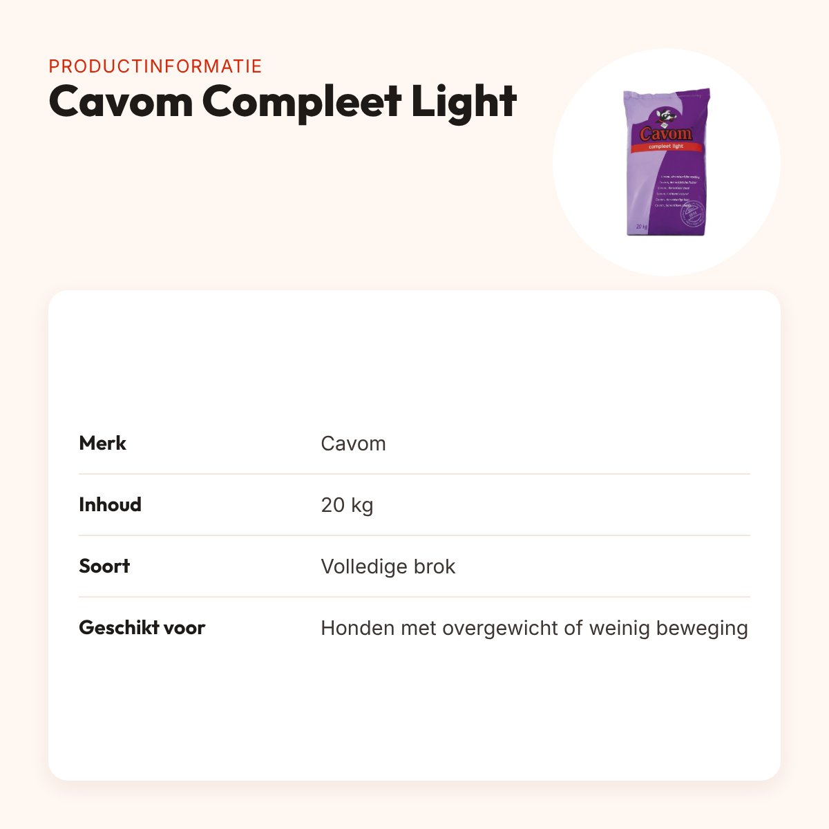 Cavom Compleet Light hondenvoer 20 kg – verlaagd vetgehalte – productinformatie