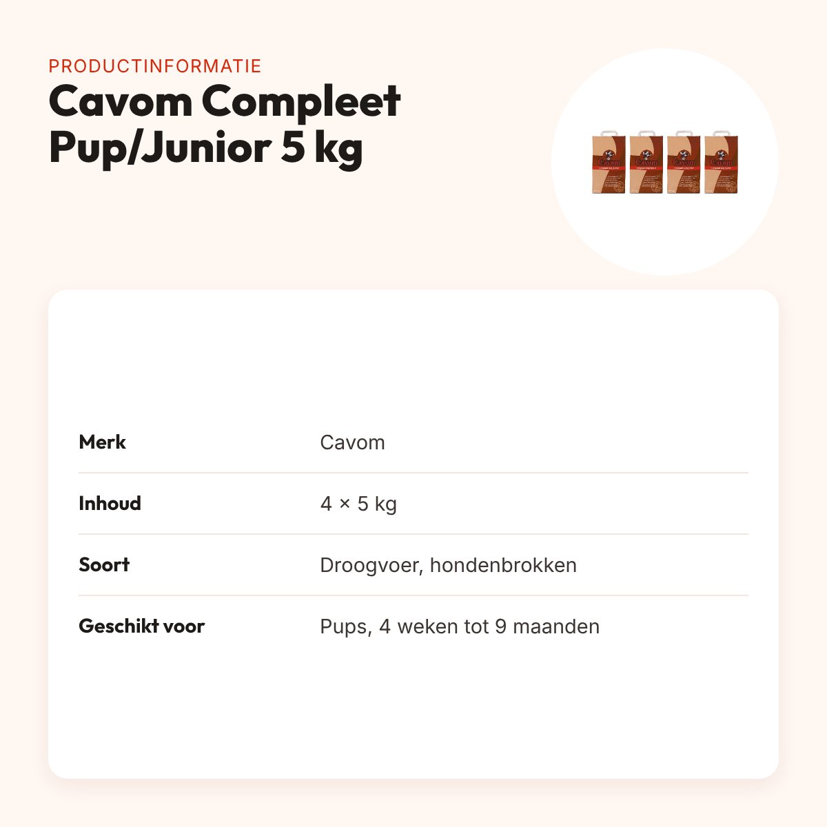 Cavom Compleet Pup/Junior hondenbrokken 5 kg – multipack 4 stuks – productinformatie
