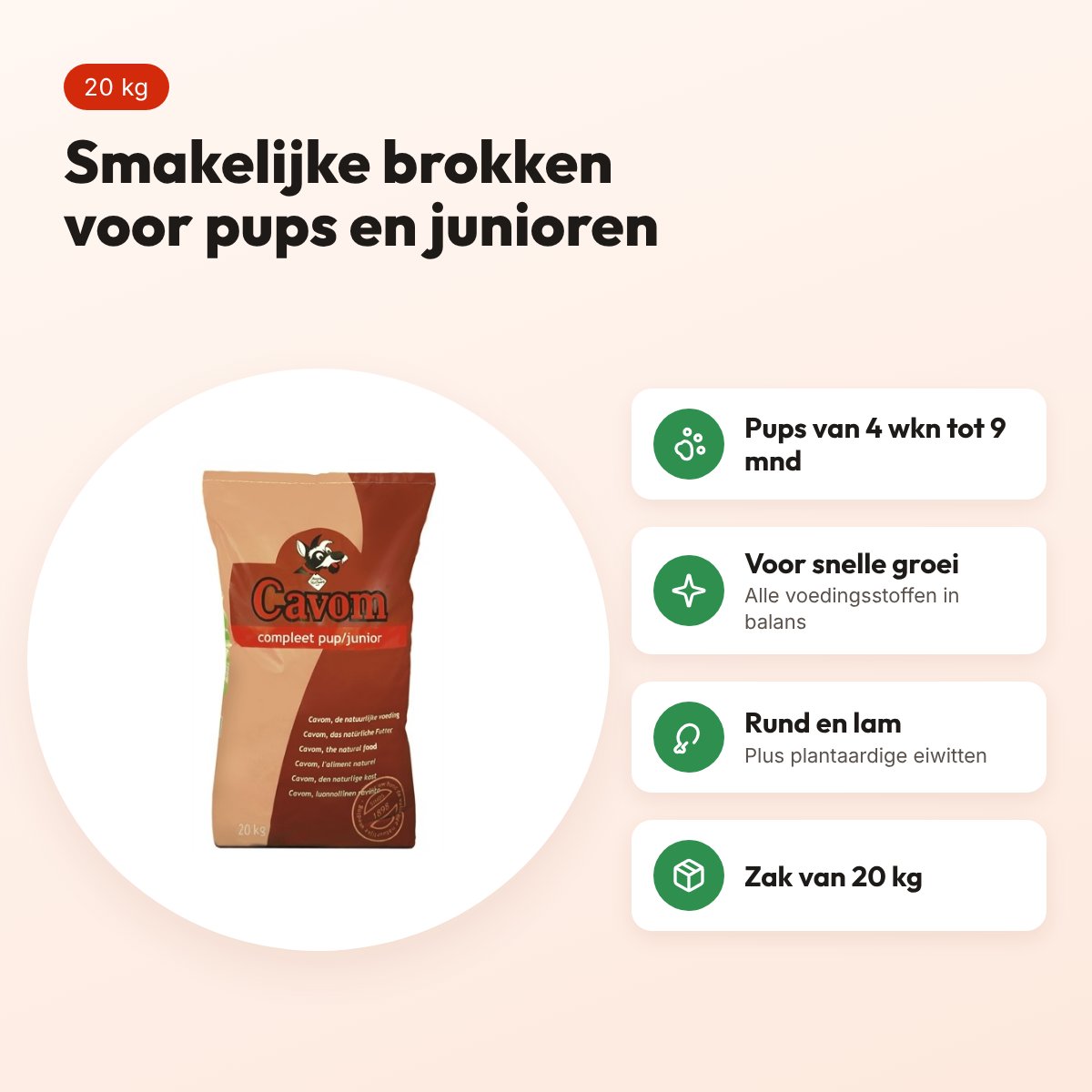 Cavom Compleet Pup/Junior hondenvoer 20 kg – brokken voor pups – voordelen