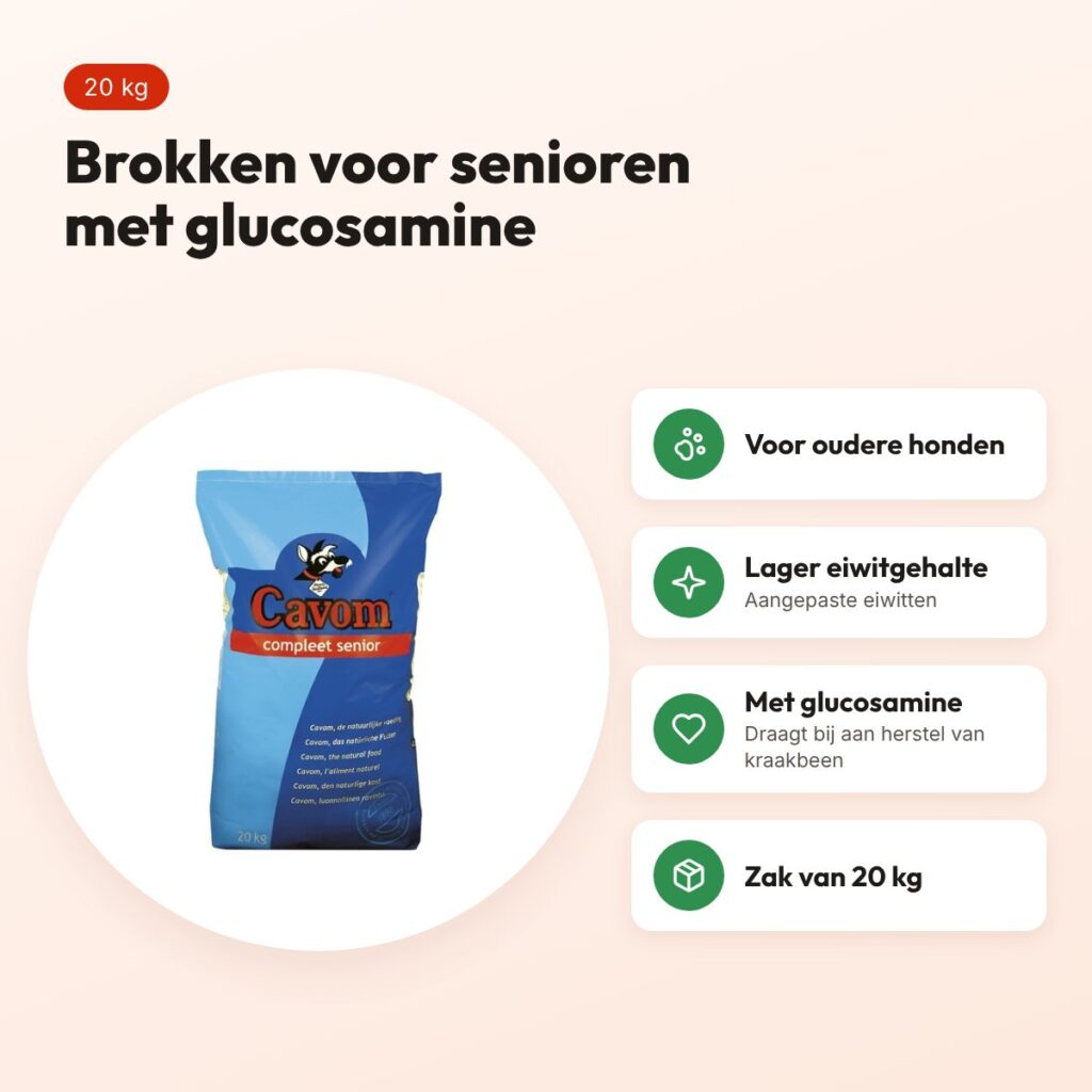 Cavom Compleet Senior hondenvoer 20 kg – laag eiwit, met glucosamine – voordelen