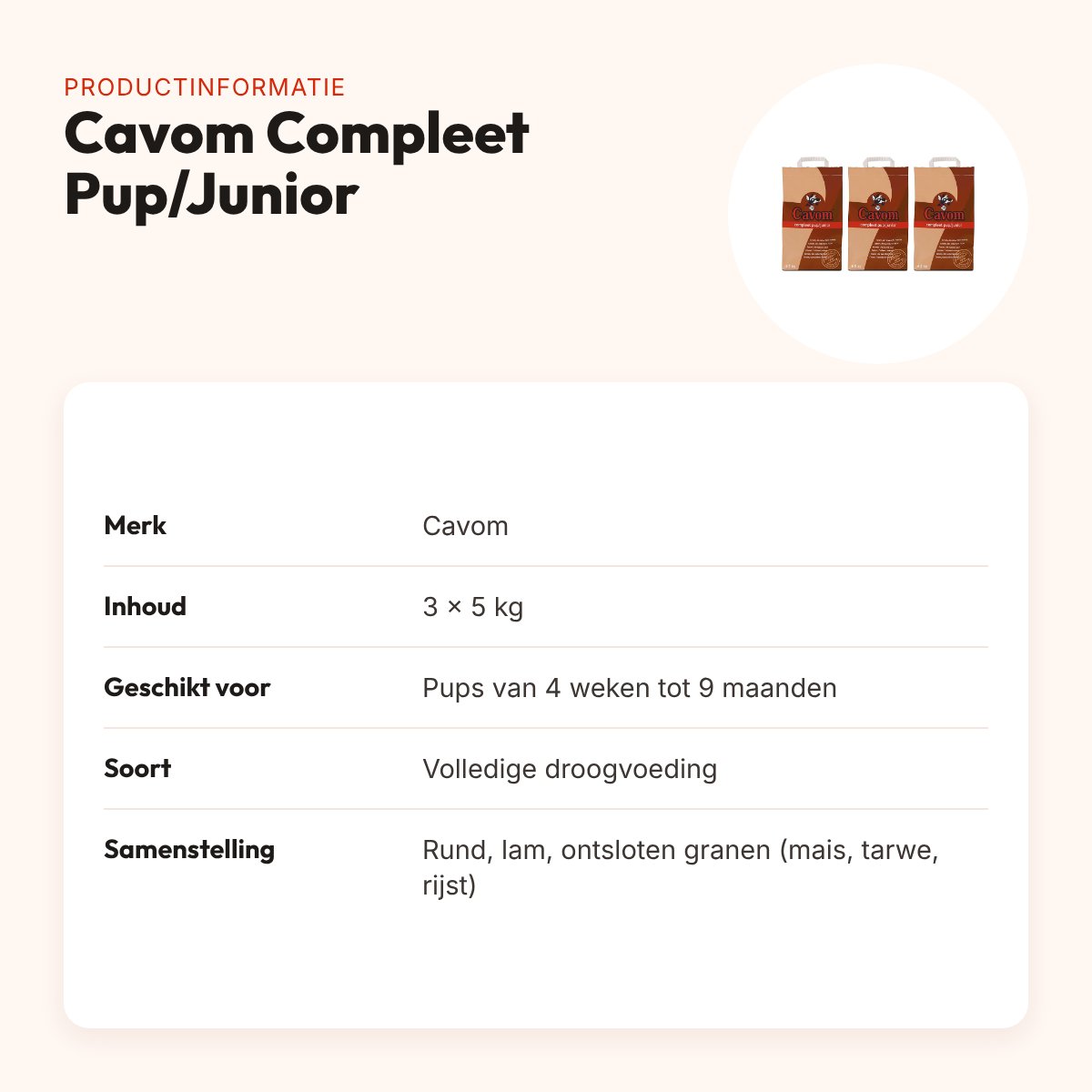 Cavom hondenvoer Compleet Pup/Junior 5 kg – multipack 3 stuks – productinformatie