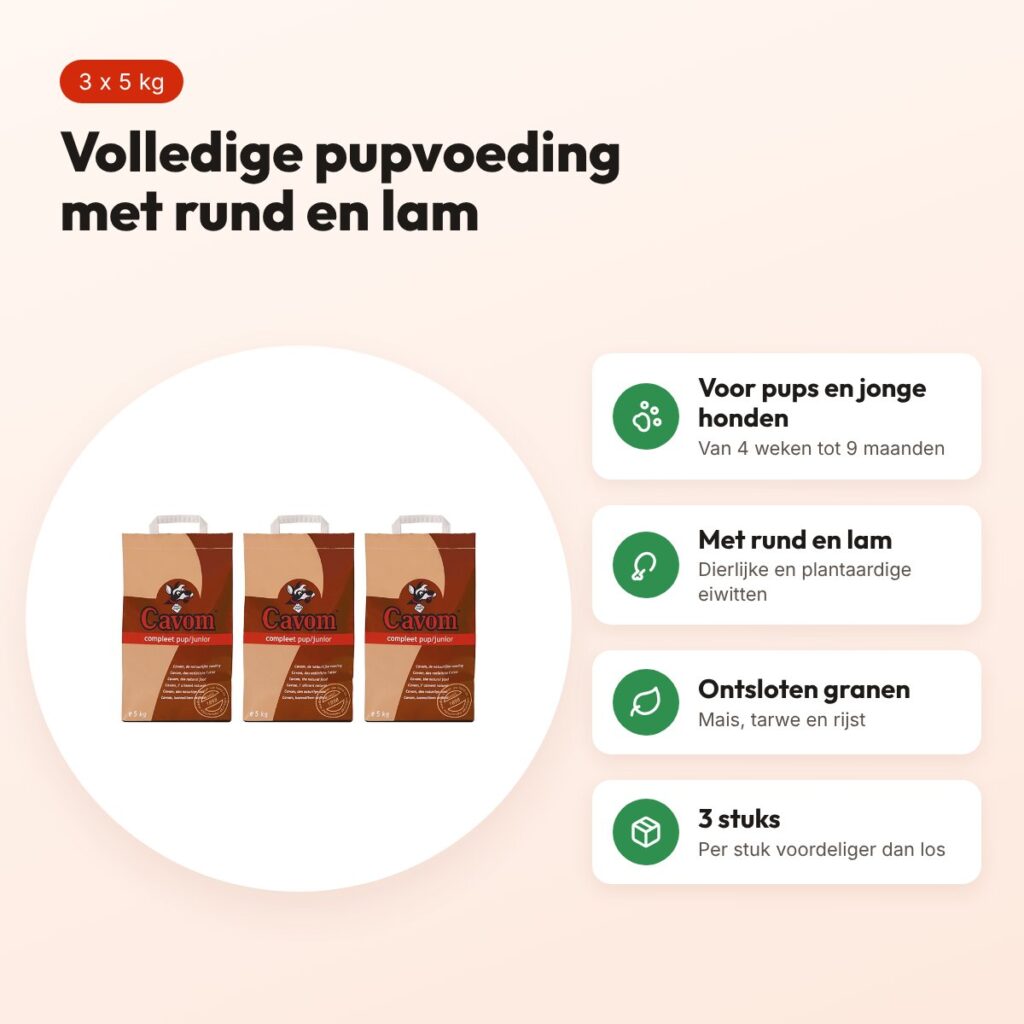 Cavom hondenvoer Compleet Pup/Junior 5 kg – multipack 3 stuks – voordelen