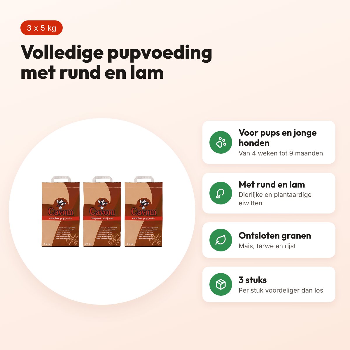 Cavom hondenvoer Compleet Pup/Junior 5 kg – multipack 3 stuks – voordelen