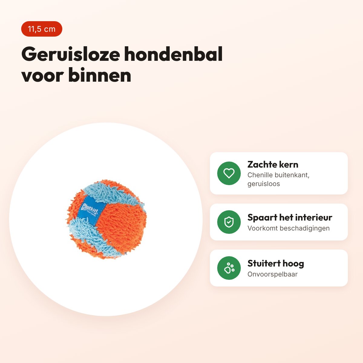 Chuckit Indoor Ball hondenbal 11,5 cm – geruisloos voor binnenshuis – voordelen