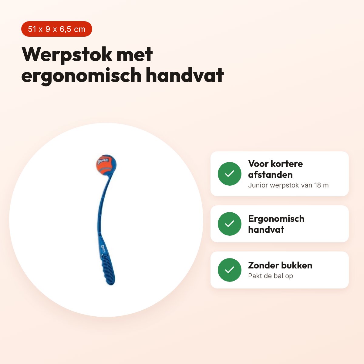 Chuckit Junior werpstok 18 m, 51 x 9 x 6,5 cm – ergonomisch handvat – voordelen