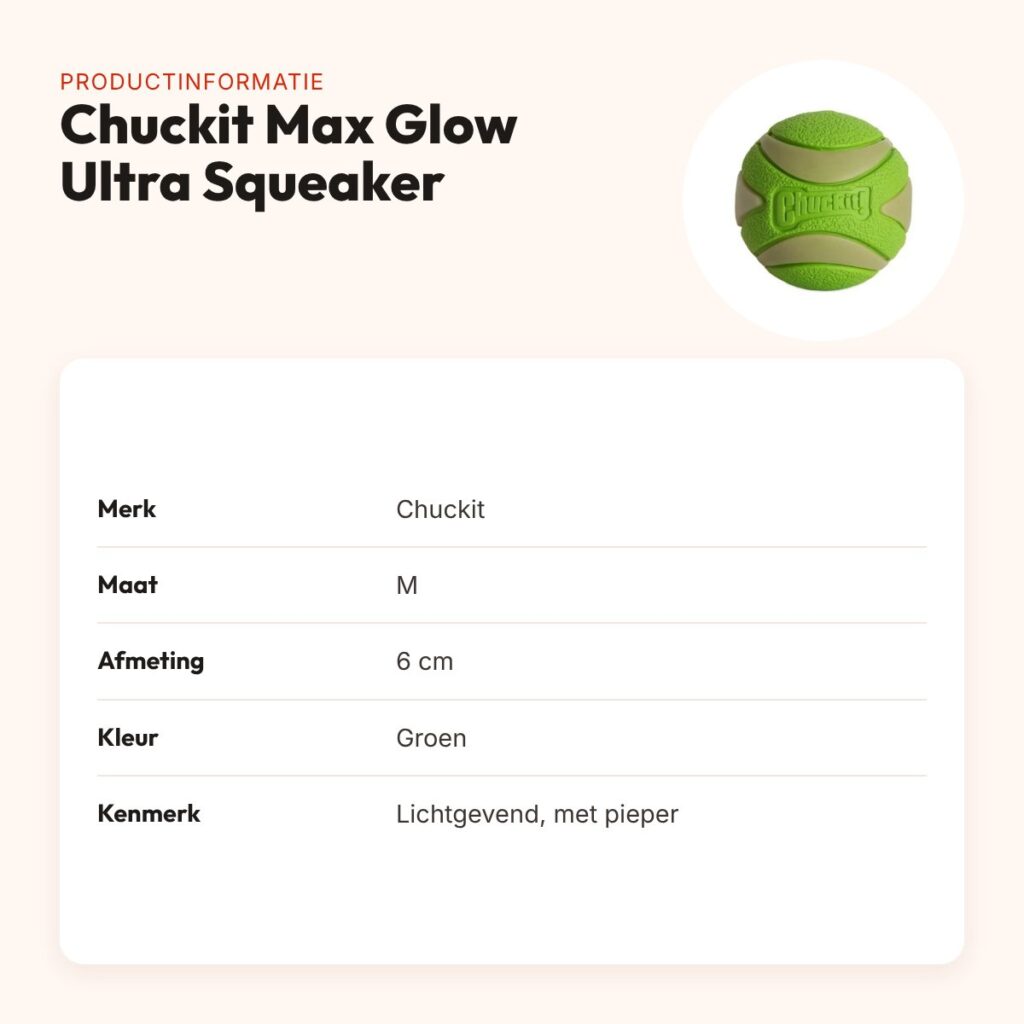 Chuckit Max Glow Ultra Squeaker hondenbal M 6 cm – groen, glow in the dark – productinformatie
