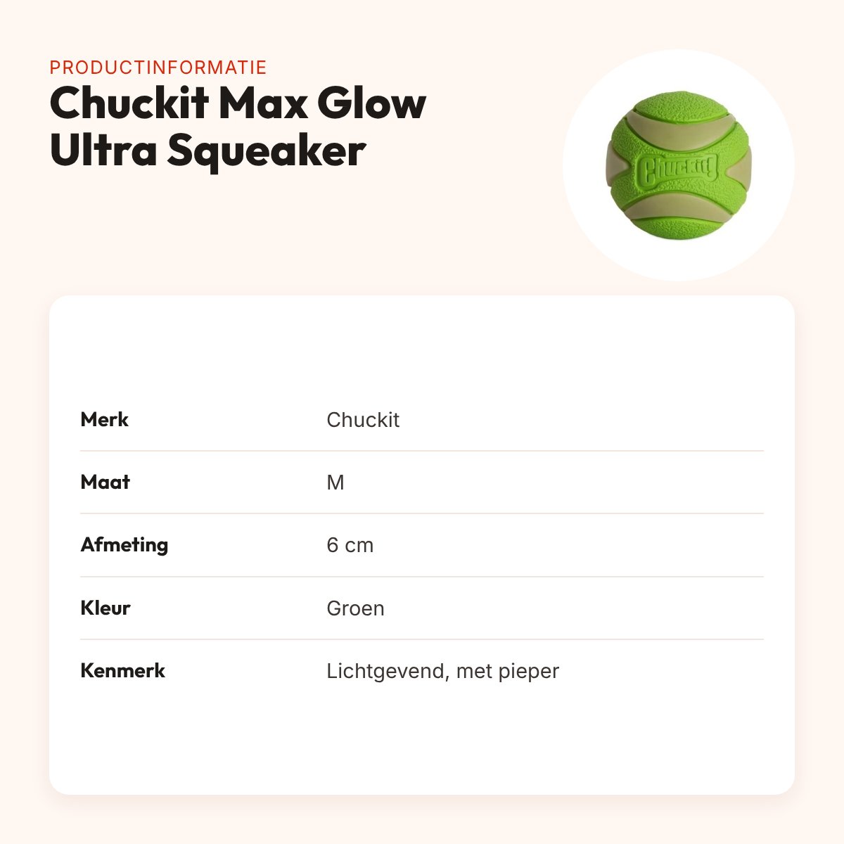 Chuckit Max Glow Ultra Squeaker hondenbal M 6 cm – groen, glow in the dark – productinformatie