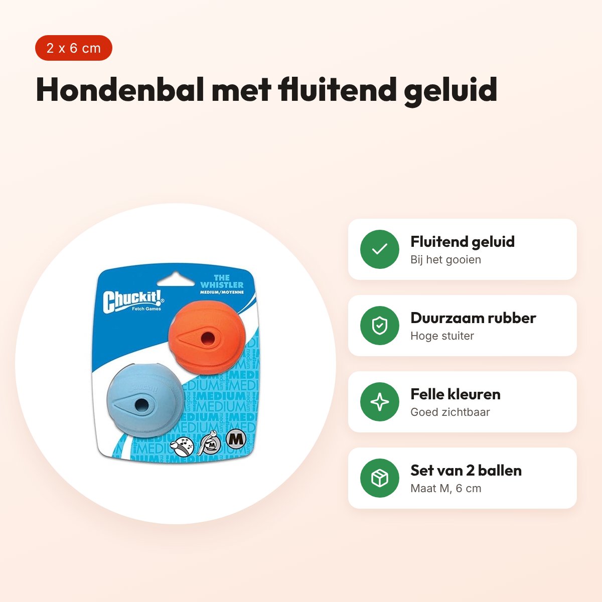 Chuckit The Whistler hondenbal M 6 cm – set van 2, fluitend geluid – voordelen