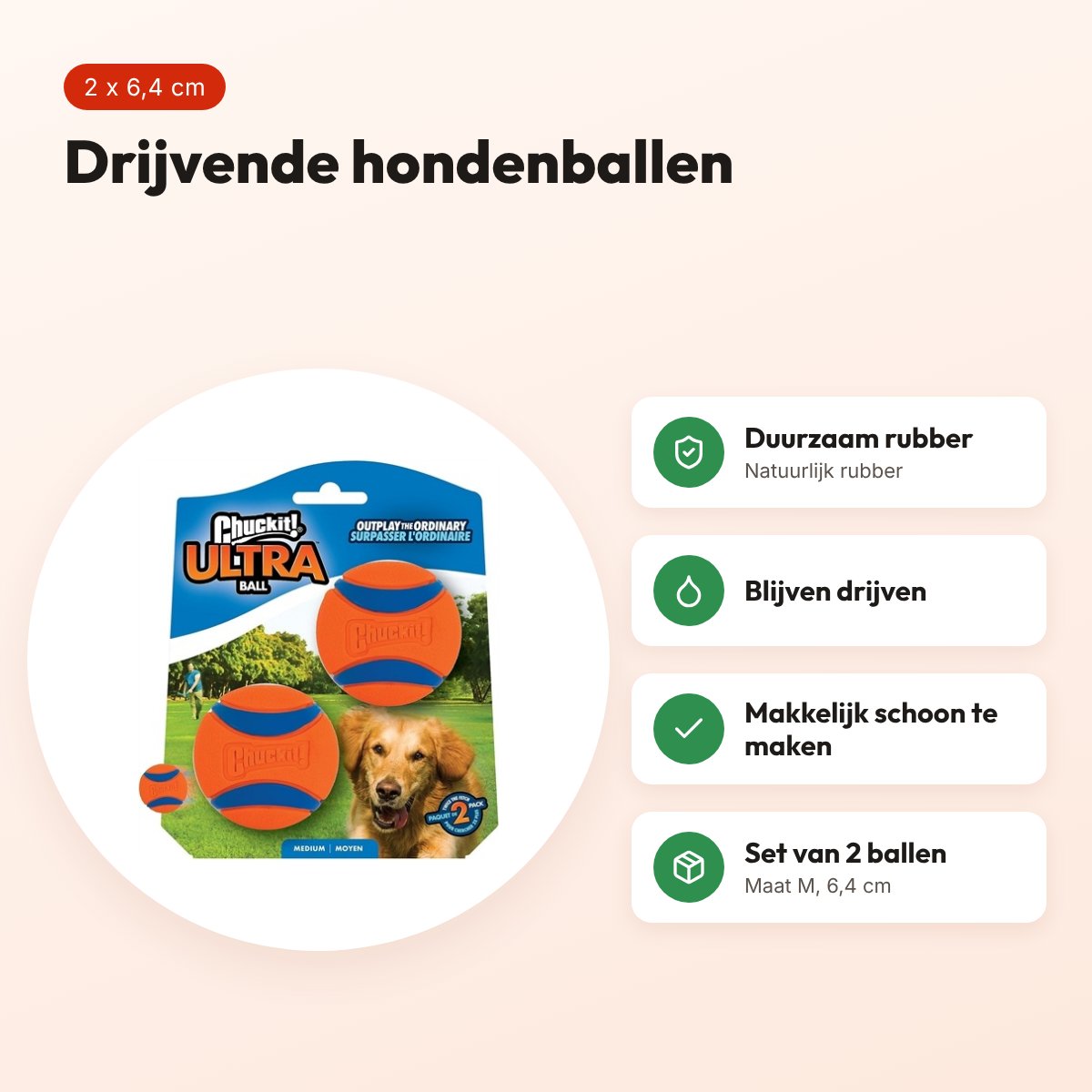 Chuckit Ultra Ball hondenbal M 6,4 cm – set van 2, drijvend – voordelen