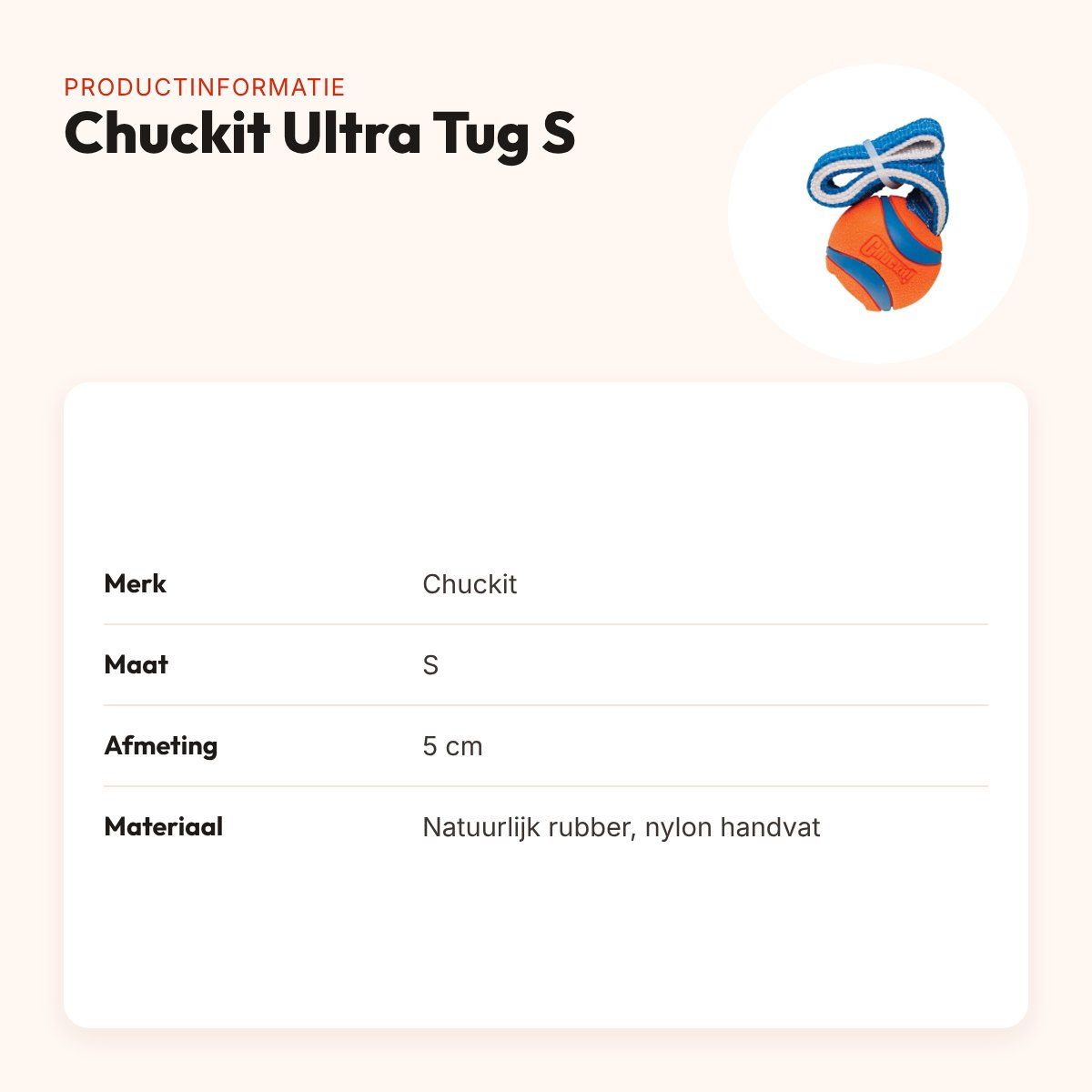 Chuckit Ultra Tug S 5 cm – rubberen hondenbal met nylon handvat – productinformatie