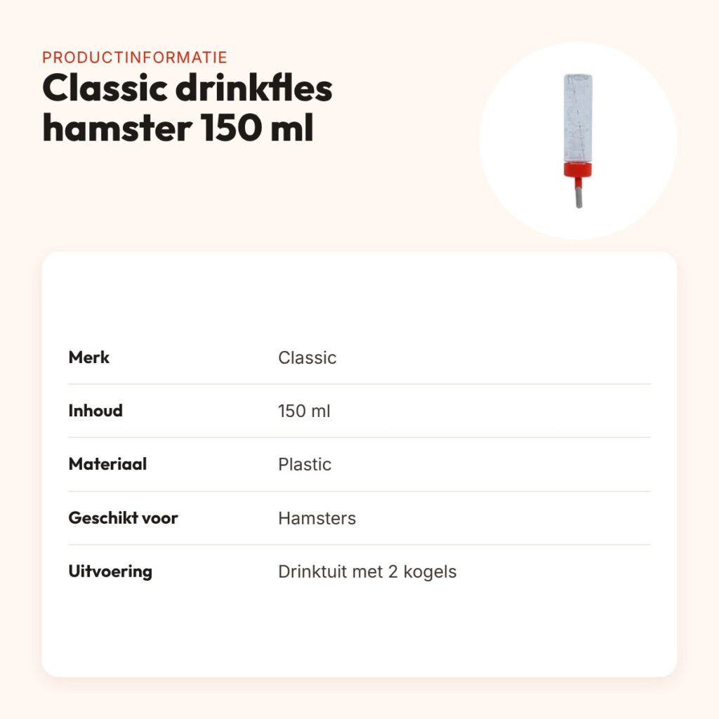 Classic drinkfles hamster 150 ml – plastic met 2 kogels in de tuit – productinformatie
