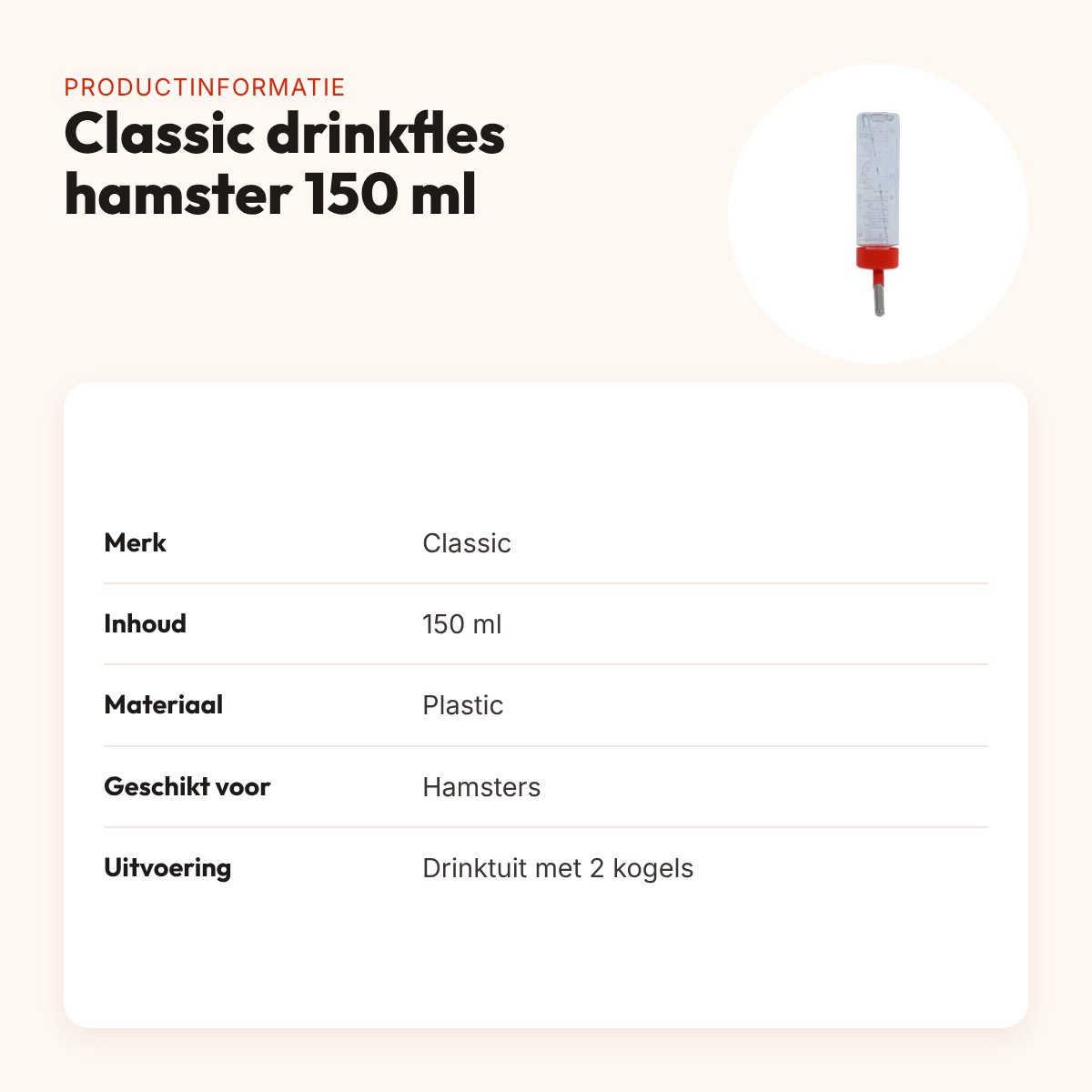 Classic drinkfles hamster 150 ml – plastic met 2 kogels in de tuit – productinformatie