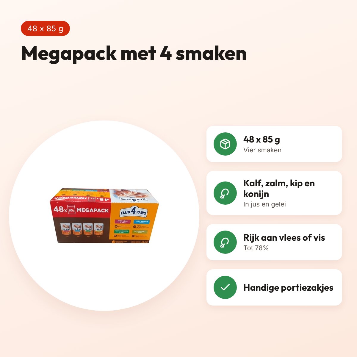 Club 4 Paws kattenvoer Megapack 48 x 85 g – 4 smaken in jus en gelei – voordelen