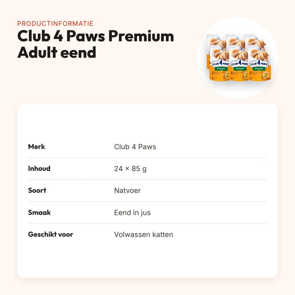 Club 4 Paws kattenvoer Premium Adult eend in jus 24 x 85 g – pouch – productinformatie