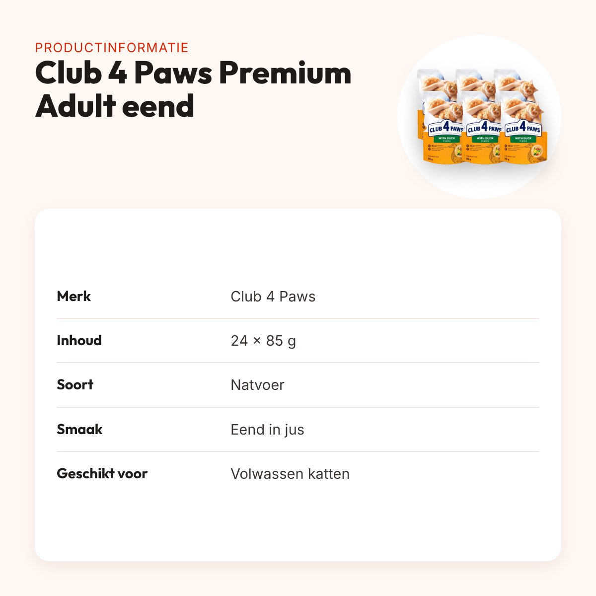 Club 4 Paws kattenvoer Premium Adult eend in jus 24 x 85 g – pouch – productinformatie