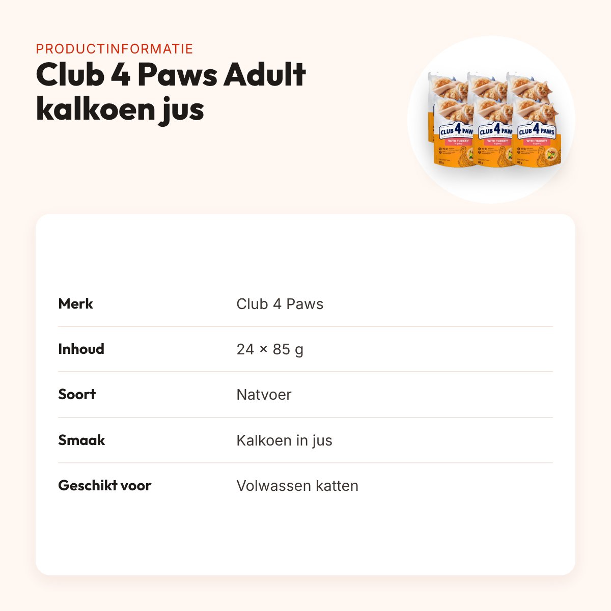 Club 4 Paws kattenvoer Premium Adult kalkoen in jus 24 x 85 g – productinformatie