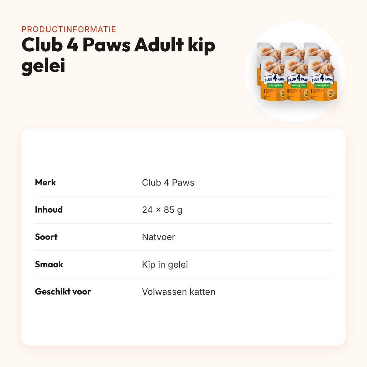 Club 4 Paws kattenvoer Premium Adult kip in gelei 24 x 85 g – productinformatie