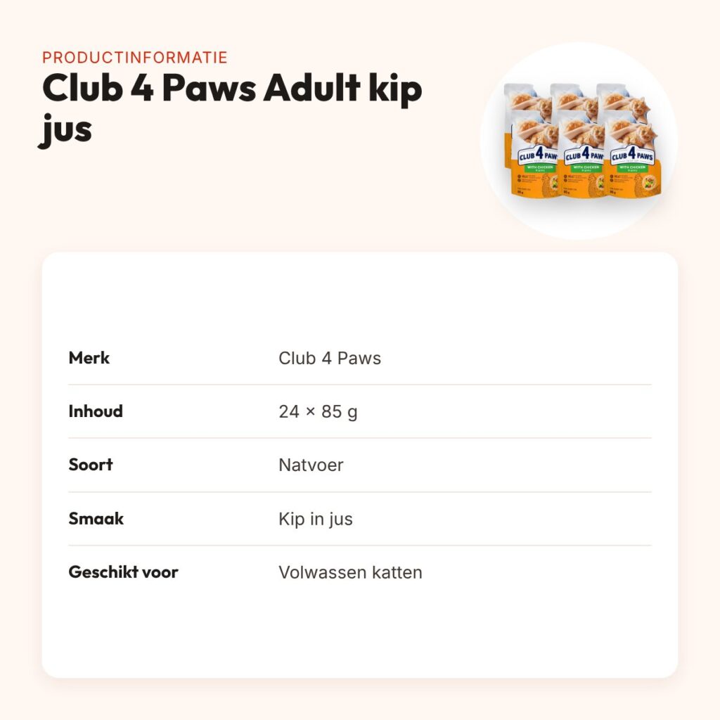 Club 4 Paws kattenvoer Premium Adult kip in jus 24 x 85 g – productinformatie