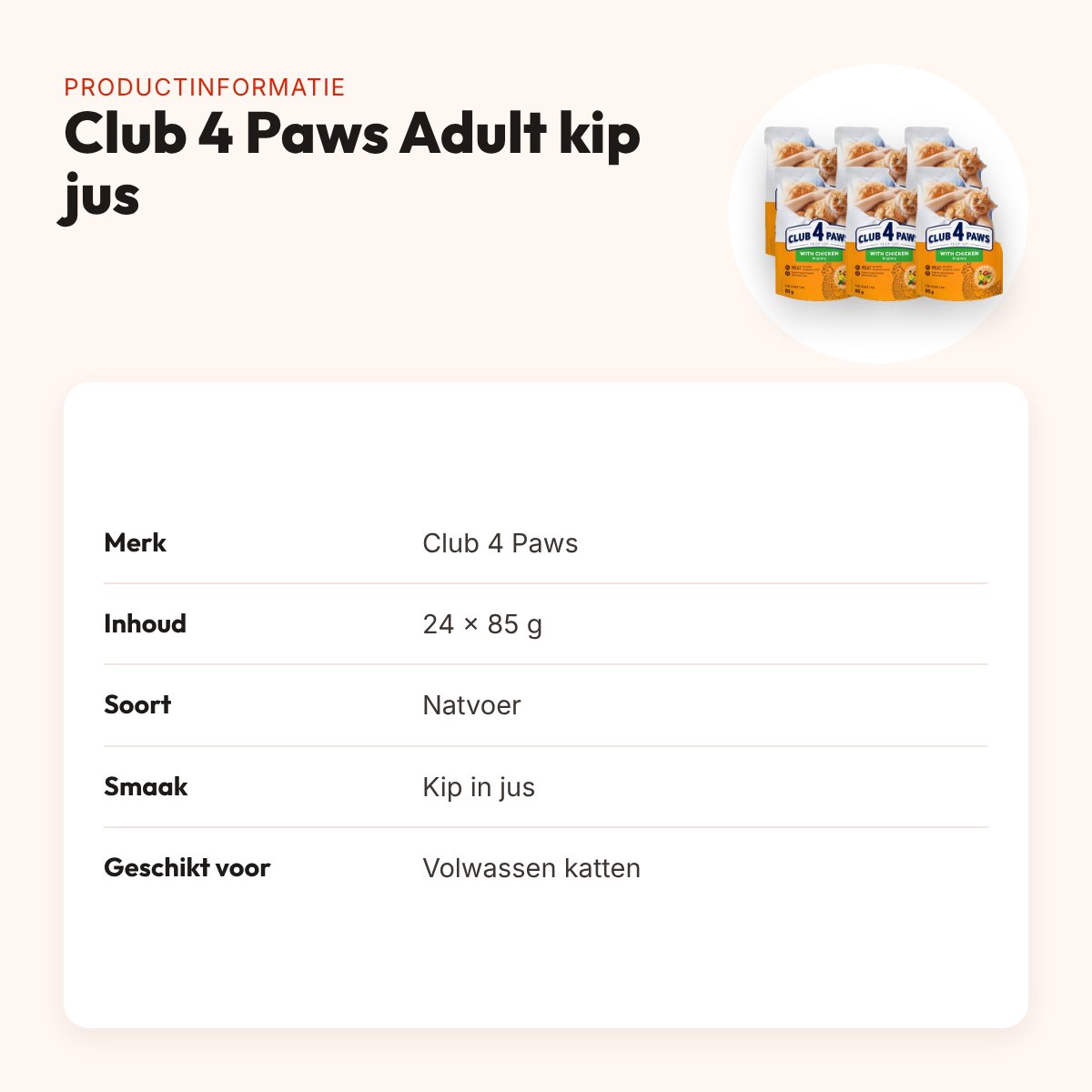Club 4 Paws kattenvoer Premium Adult kip in jus 24 x 85 g – productinformatie