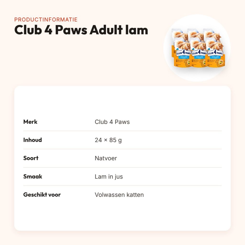 Club 4 Paws kattenvoer Premium Adult lam in jus 24 x 85 g – productinformatie