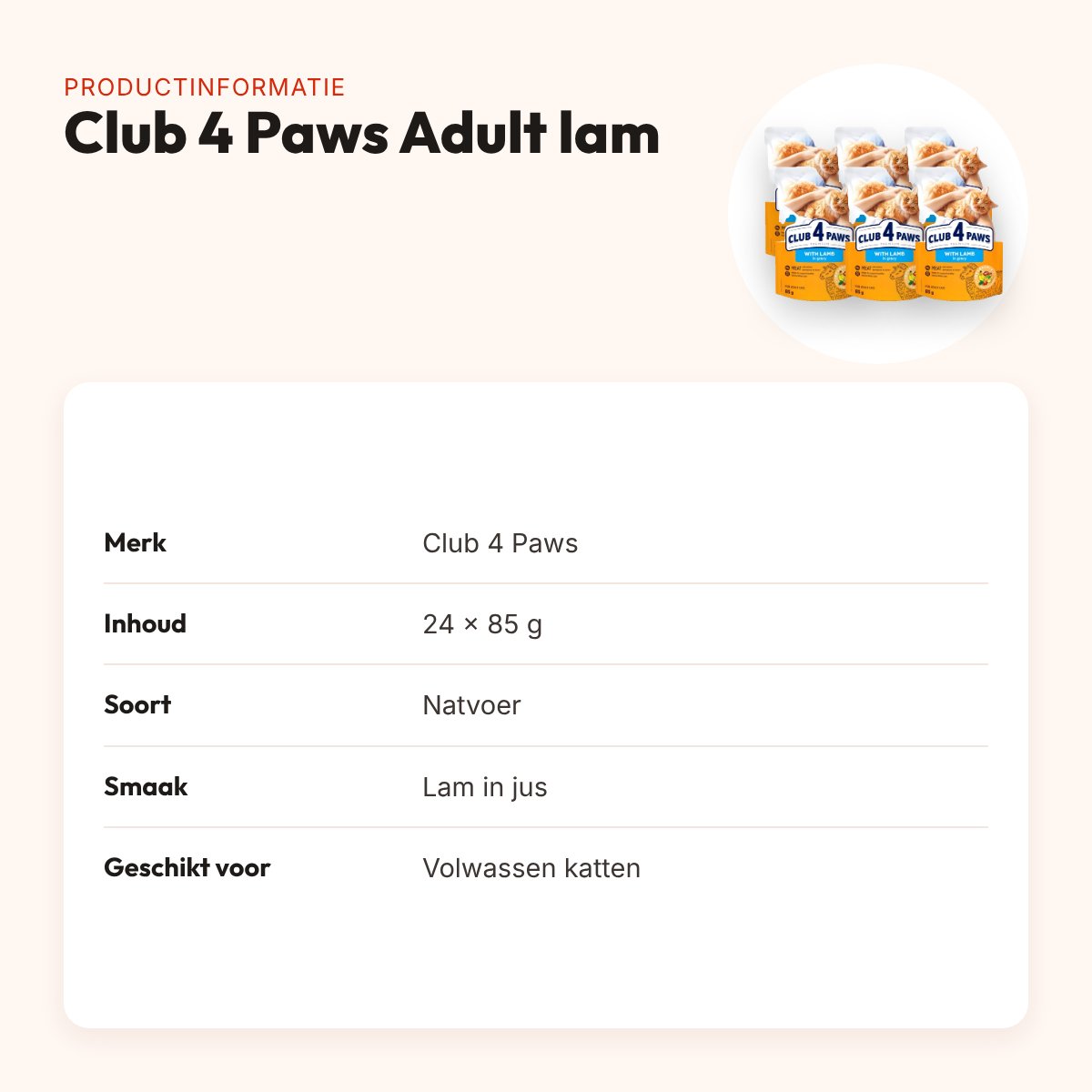 Club 4 Paws kattenvoer Premium Adult lam in jus 24 x 85 g – productinformatie