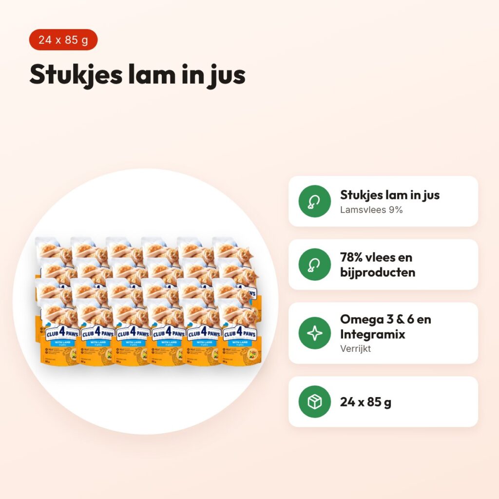 Club 4 Paws kattenvoer Premium Adult lam in jus 24 x 85 g – voordelen