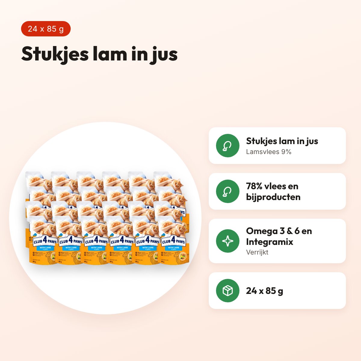 Club 4 Paws kattenvoer Premium Adult lam in jus 24 x 85 g – voordelen