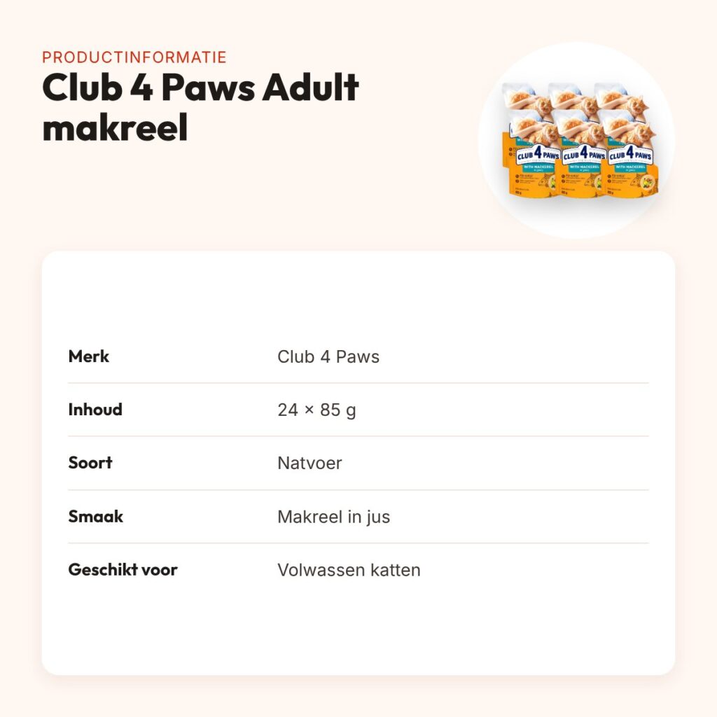 Club 4 Paws kattenvoer Premium Adult makreel in jus 24 x 85 g – productinformatie
