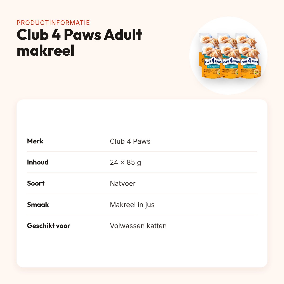 Club 4 Paws kattenvoer Premium Adult makreel in jus 24 x 85 g – productinformatie