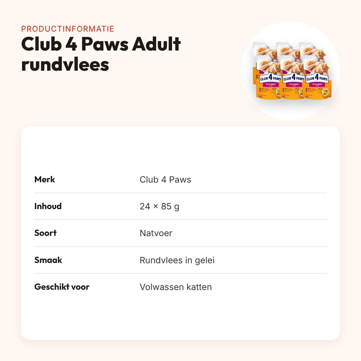 Club 4 Paws kattenvoer Premium Adult rundvlees in gelei 24 x 85 g – productinformatie