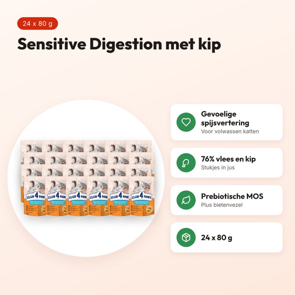 Club 4 Paws kattenvoer Premium Adult Sensitive Digestion kip 24 x 80 g – voordelen