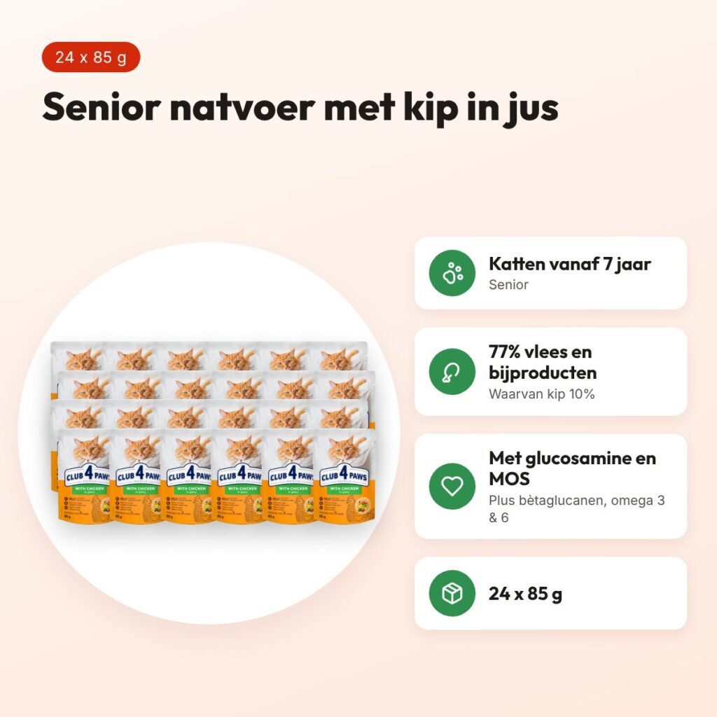 Club 4 Paws kattenvoer Premium Senior 7+ kip in jus 24 x 85 g – voordelen