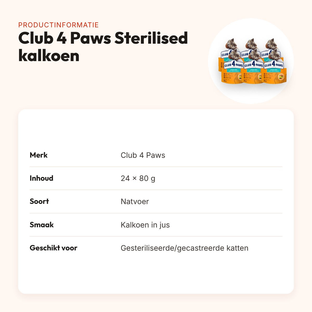 Club 4 Paws kattenvoer Premium Sterilised kalkoen in jus 24 x 80 g – productinformatie