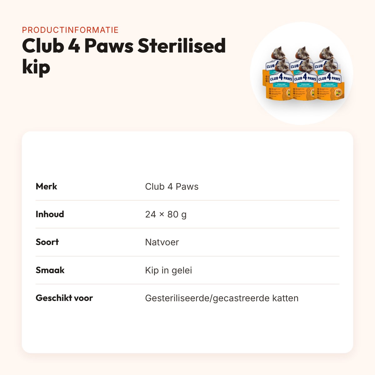 Club 4 Paws kattenvoer Premium Sterilised kip in gelei 24 x 80 g – productinformatie