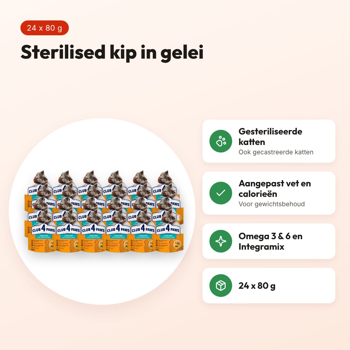 Club 4 Paws kattenvoer Premium Sterilised kip in gelei 24 x 80 g – voordelen