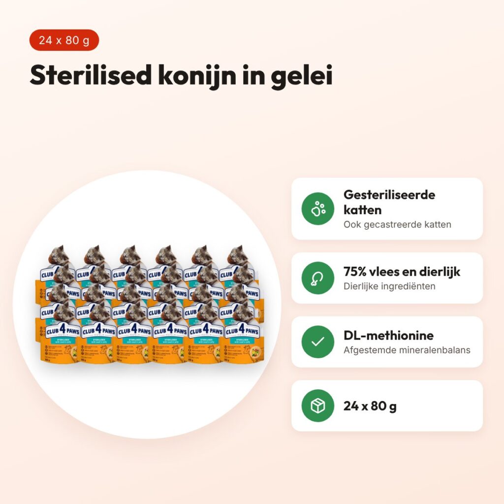 Club 4 Paws kattenvoer Premium Sterilised konijn in gelei 24 x 80 g – voordelen