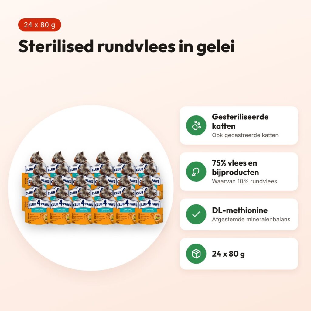 Club 4 Paws kattenvoer Premium Sterilised rundvlees in gelei 24 x 80 g – voordelen