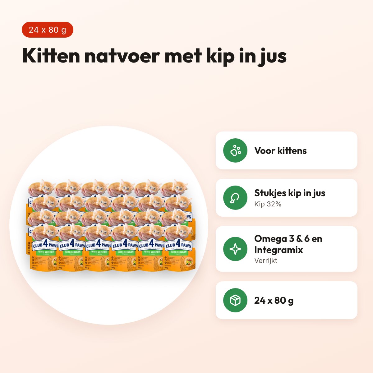 Club 4 Paws Kitten natvoer kip in jus 24 x 80 g – pouch – voordelen