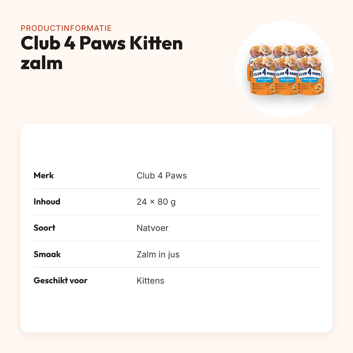 Club 4 Paws Kitten natvoer zalm in jus 24 x 80 g – pouch – productinformatie